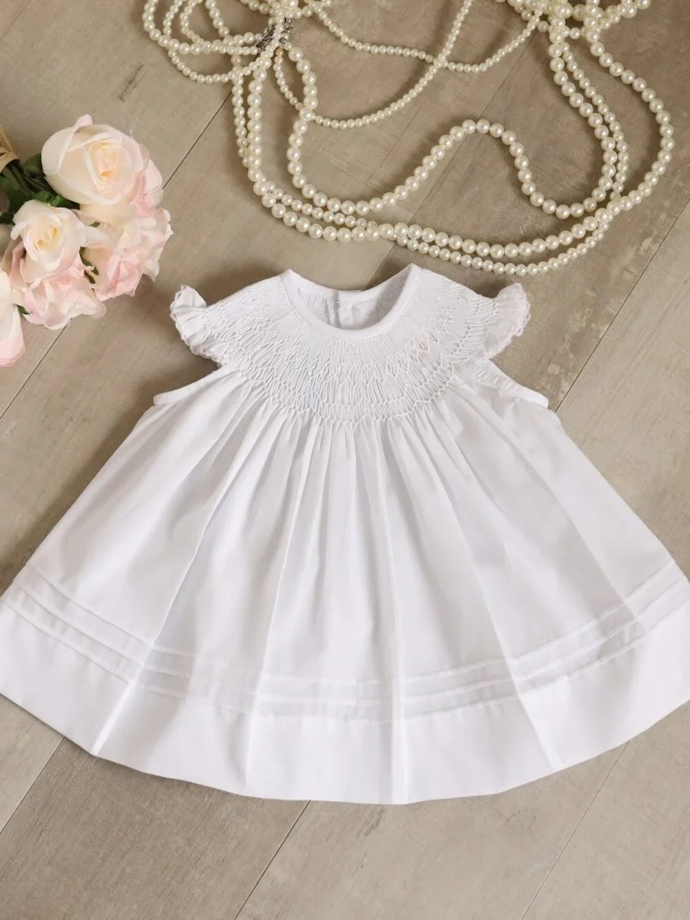 White Smocked Dress Fly Sleeve Bishop First Portraits Coming Home Preemie/NB